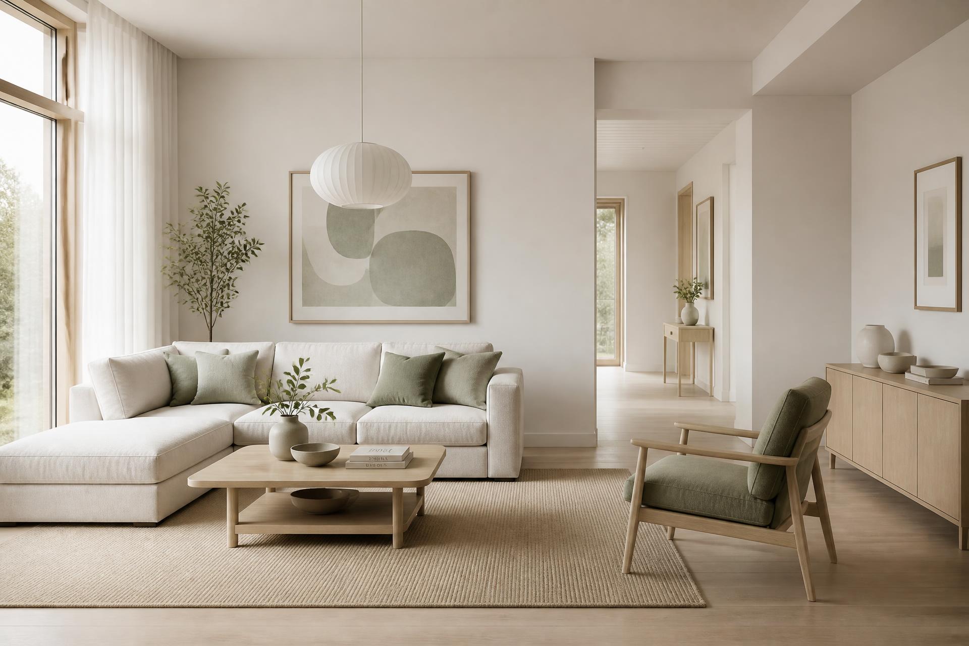 Bright, well-kept living room with a sofa, armchair and daylight from large windows
