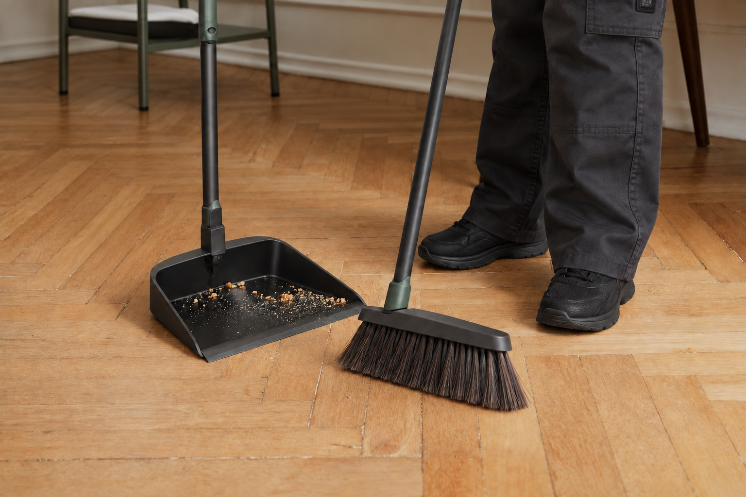 Klarglans team member sweeping a parquet floor with a broom and dustpan
